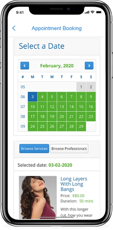 Appointment booking feature shown in a live client app