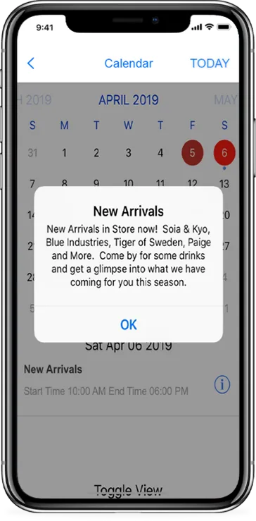 Event calendar feature shown in a live client app