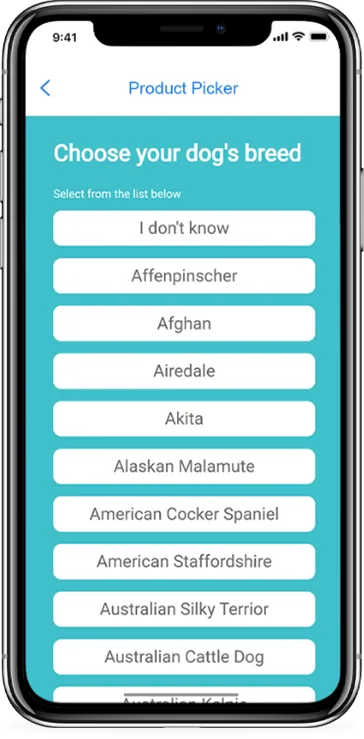 Product picker feature shown in a live client app