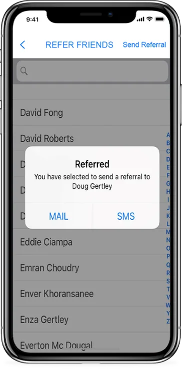 Refer a friend feature shown in a live client app