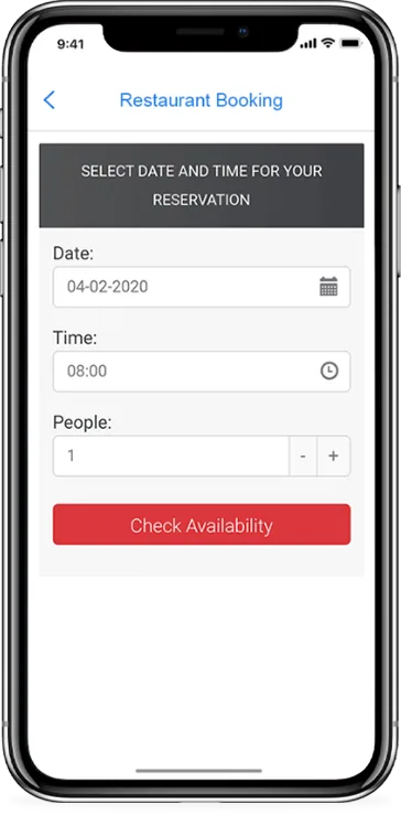 Restaurant booking feature shown in a live client app