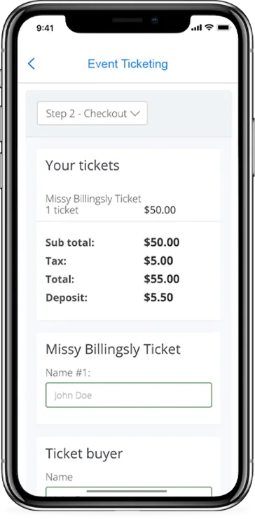 Event ticketing feature shown in a live client app