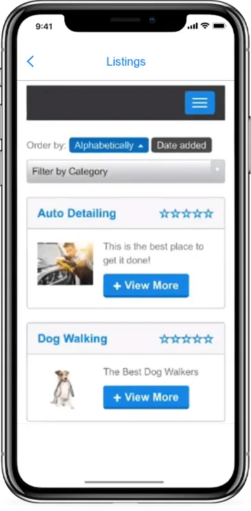 Yellow page feature shown in a live client app
